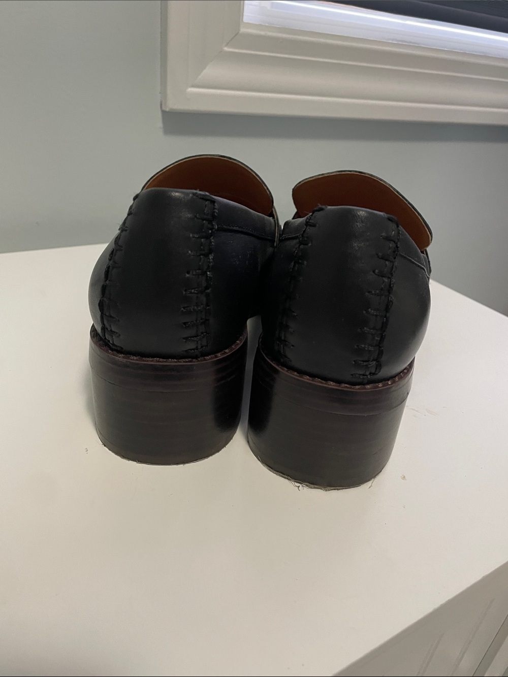 Black Leather women’s stacked heel Penny Loafers - Picture 6 of 6